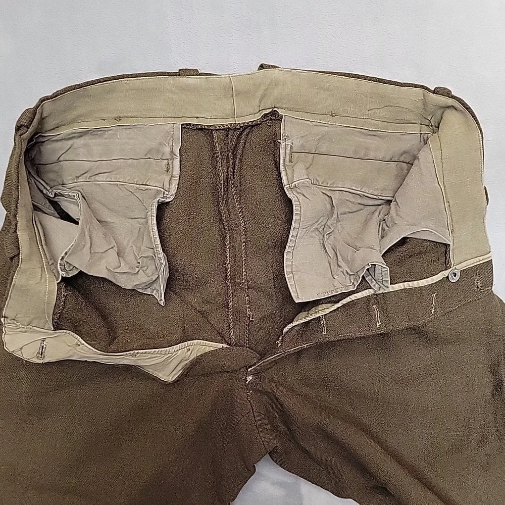 VTG French Military Pants Men 36x28 Brown Wool Service Trousers‎ Button Fly 50s